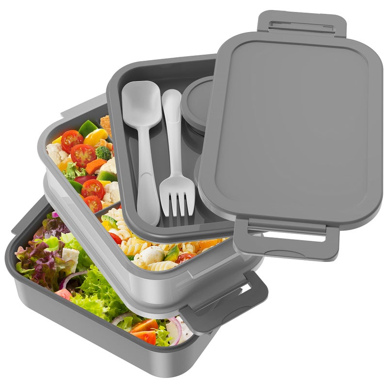 Jelife Adult Bento Box Lunch Box - 3 Layers Stackable Bento Lunch Box for Adults  72oz Large-Style All-in-One Bento Boxes Leak-Proof Lunchbox with Utensil Sauce Containers for Dining Out Work  Grey - Image 3
